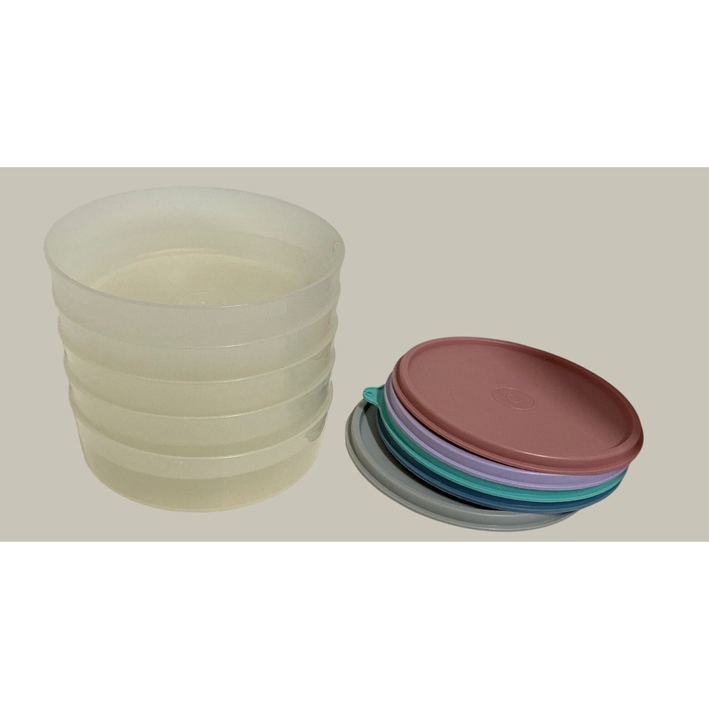 Tupperware Vintage Cereal Bowls Set of 5 Multi Color Pastel Lids 6 Inch Round